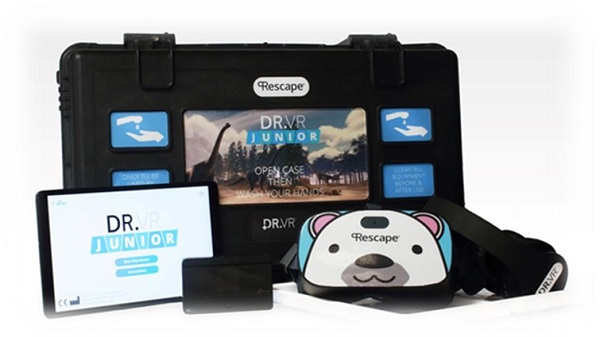 A photo of the Rescape Dr VR Junior device, which lets young patients use virtual reality distraction therapy.