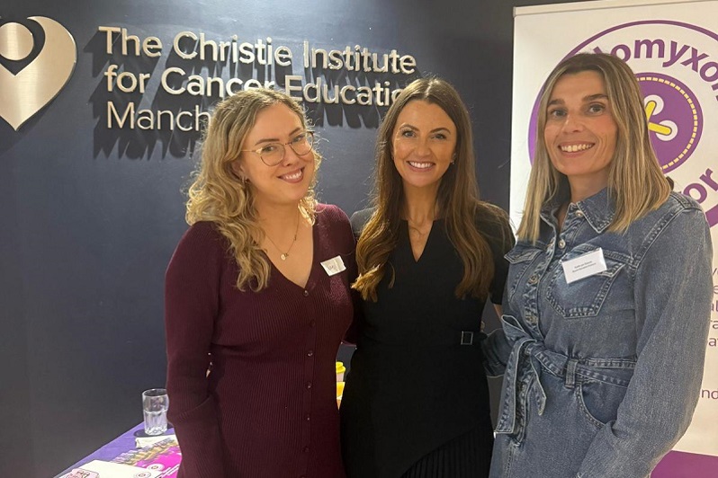 A photo of Rebecca Halstead, Lead clinical nurse specialist at the Colorectal and Peritoneal Oncology Centre at The Christie with 2 female patients.