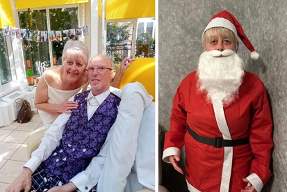 A photo of Christie supporter Sandra and her husband Dave at The Christie on their wedding day on the left; on the right, a photo of Sandra dressed as Father Christmas.