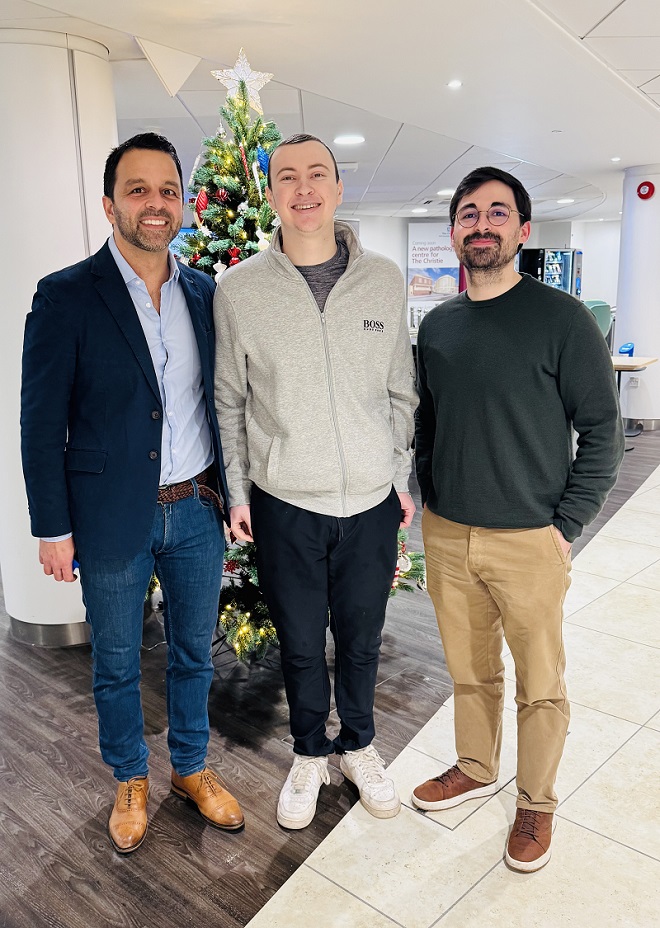 A photo of Sam Birchall, the lead guitarist in indie band The Lilacs, with surgeon Mr Aziz Gulamhusein and another man.