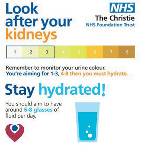 The image shows a urine colour chart numbered 1 to 8, from very pale yellow to dark brown. Numbers 1 to 3 mean you are drinking/taking enough fluid. Numbers 4 to 8 mean you need to take more. The image reminds patients to check their urine colour to stay hydrated and states 'You should aim to have around 6 to 8 glasses of fluid per day.