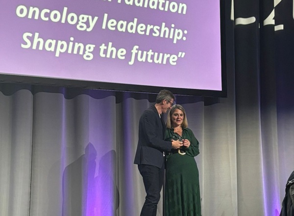 A photo of Professor Corinne Faivre-Finn, Consultant Oncologist at The Christie, receiving the prestigious Breur Award at this year’s European Society for Radiotherapy and Oncology (ESTRO) Congress in Vienna.