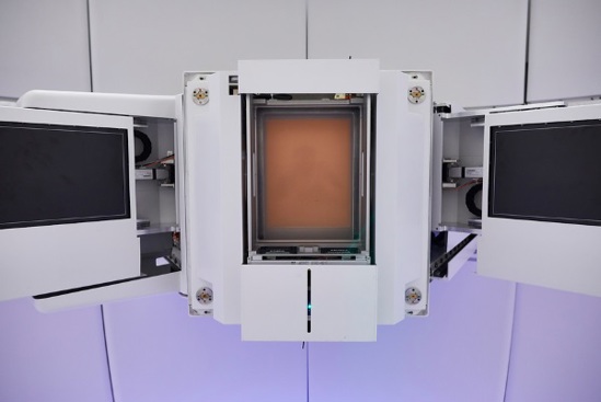 The imaging panels attached to the nozzle used in proton beam therapy, used to detect exit dose from the patient to form an image.