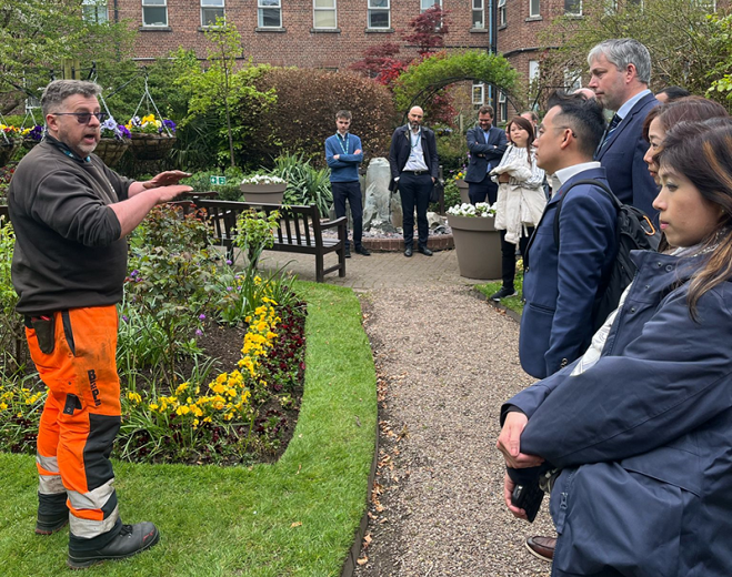 A photo of a delegation led by the Singapore Ministry for Health Holdings visiting The Christie to exchange experiences with Will Blair, The Christie’s Sustainability Manager, and the wider estates team.