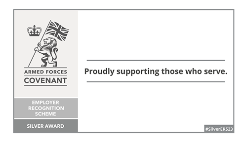 An image to show the Silver Award for the Armed Forces Covenant Employer Recognition Scheme, stating that the award holder proudly supports those who serve.