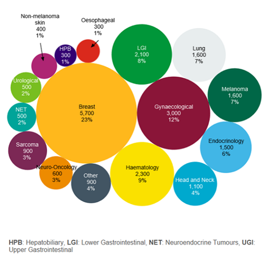 A graphic showing the breakdown by disease group for female patients at The Christie. The most common cancer type seen in our female patients is breast cancer seen in 23% of female patients. Gynaecological cancers are seen in 12% of female patients, haematological cancers are seen in 9% of female patients, lower gastric intestinal cancers are seen in 8% of female patients, lung cancers are seen in 7% of female patients, melanoma is seen in 7% of female patients, endocrinology cancers and other endocrinology related issues are seen in 6% of female patients, head and neck cancers are seen in 4% of female patients, other very rare cancers and benign tumours are seen in 4% of female patients, neuro-oncology cancers are seen in 3% of female patients, sarcomas are seen in 3% of female patients, neuroendocrine cancers are seen in 2% of female patients, urological cancers are seen in 2% of female patients, oesophageal cancers are seen in 1% of female patients, hepatobiliary tract cancers are seen in 1% of female patients, and non-melanoma skin cancers are seen in 1% of female patients.