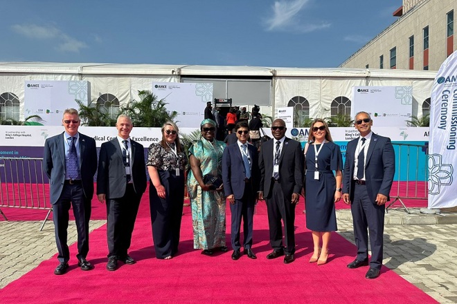 A photo of the leadership team from the African Medical Centre of Excellence (AMCE) in Nigeria with Jonathan Martin, Head of Christie International, at an opening ceremony to mark the centre's commissioning of clinical services.