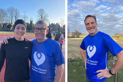 2 photos; on the left, a photo of Christie fundraisers Rebecca and Phil Hibberd at a running track; on the right, a photo of Christie fundraiser Paul Rae in a field.