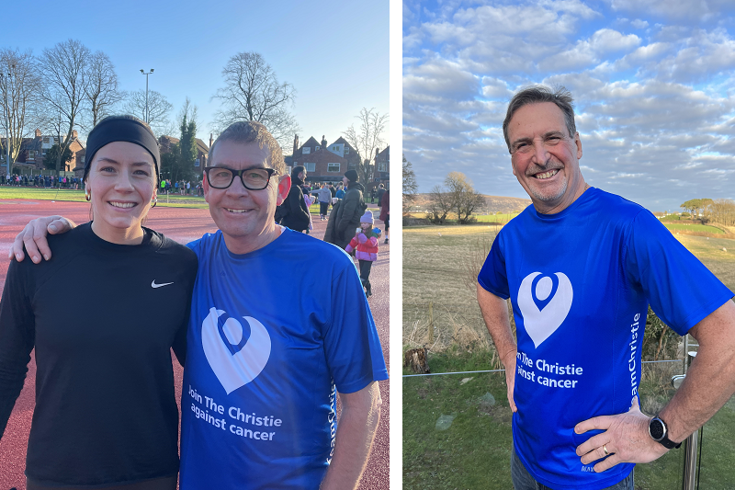 2 photos; on the left, a photo of Christie fundraisers Rebecca and Phil Hibberd at a running track; on the right, a photo of Christie fundraiser Paul Rae in a field.