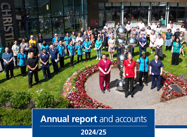 An image of the cover of The Christie's Annual report and accounts for the year 2024 to 2025. The cover features a photo of a large group of staff members standing outside the main entrance for The Christie.