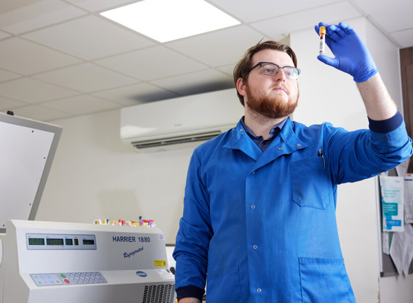 cancer research, clinical research facility, laboratory, September 2022, Senior lab technician, Andrew Bennie, test tube, blood, sample