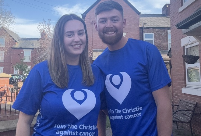 A photo of Leah with her boyfriend, Kieran - they are both wearing Christie Charity t-shirts reading 'Join The Christie against cancer'.